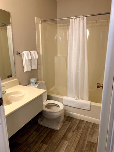 a bathroom with a toilet and a sink and a shower at Airways Motel in Cold Lake