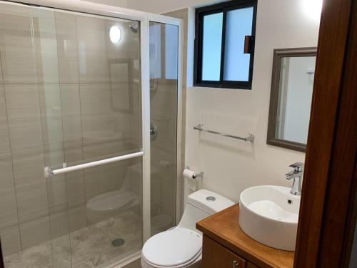 a bathroom with a shower and a toilet and a sink at CMG Suites in Ciudad Acuña