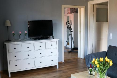 a living room with a tv on a white dresser at Ferienwohnung am Wald in Sebnitz