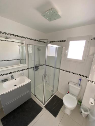 a bathroom with a shower and a toilet and a sink at Vizzavona Piscine in Ajaccio