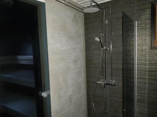 a bathroom with a shower with a shower head at Mäntyniemi in Petäjävesi