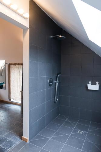 a bathroom with a shower with blue tiles at B&B Art.14 in Morkhoven