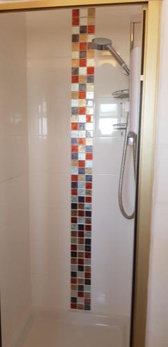 a shower with a glass door with a mosaic tile at The Darnley Hotel in Ilfracombe