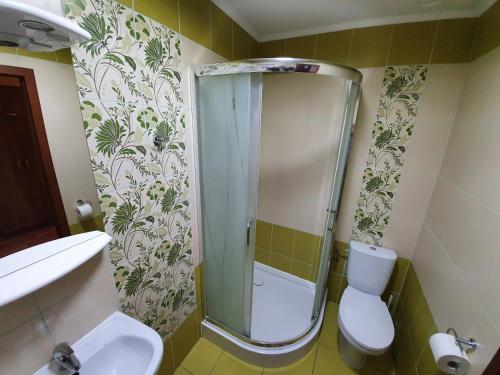 La salle de bains est pourvue d'une douche, de toilettes et d'un lavabo. dans l'établissement Albinos, à Albigowa
