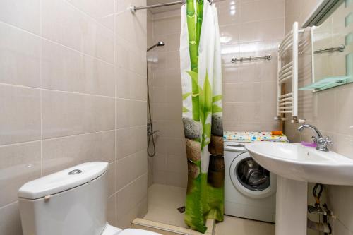 a bathroom with a toilet and a sink and a washing machine at Apart 516 Bobline in Bakuriani