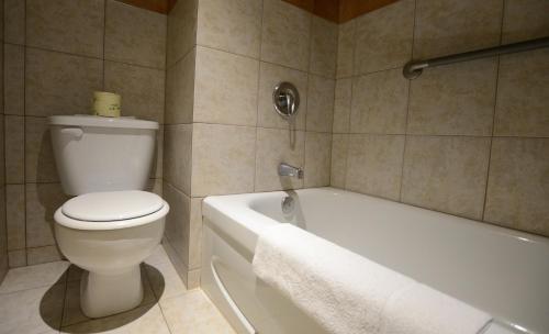 a bathroom with a toilet and a bath tub at La Saguenéenne - Hôtel et Centre de Congrès in Saguenay