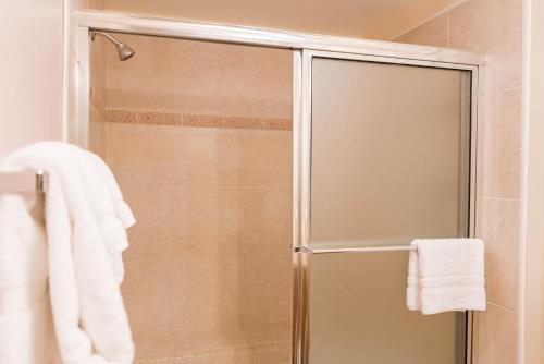 a shower with a glass door in a bathroom at Vantage Point Villas at Stratton Mountain Resort in Stratton Mountain