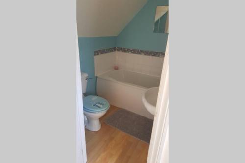 a bathroom with a tub and a toilet and a sink at Nolton Haven Farmhouse Apartment, Sea Views in Haverfordwest