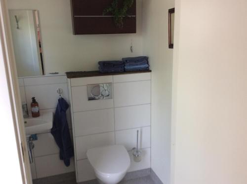 a small bathroom with a toilet and a sink at Hemmet Brommösund Torsö Mariestad in Brommösund