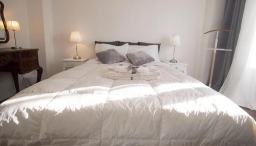 a large white bed in a bedroom with two lamps at Oleiros Rooms City Center in Coimbra