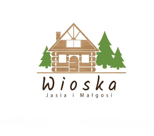 a logo for a wooden house with trees at Wioska Jasia i Małgosi in Izdebnik