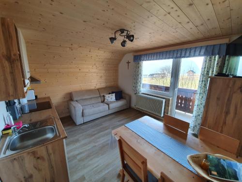 une cuisine et un salon dans une cabane en rondins dans l'établissement Apartmaji Pavc, à Bohinj