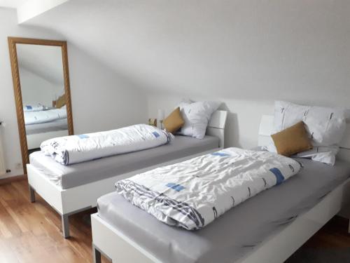 1 Schlafzimmer mit 2 Betten und einem Spiegel in der Unterkunft Bella Casa & Belle Maison in Saarbrücken