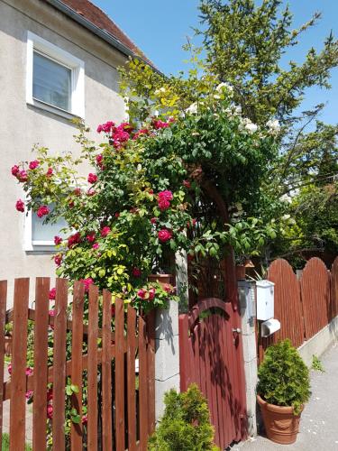 een huis met een hek met bloemen erop bij Ferienwohnung Korneuburg bei Wien in Korneuburg