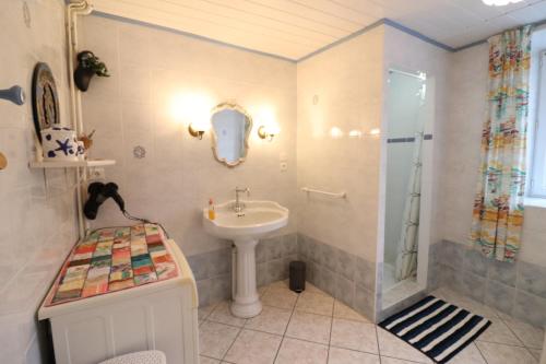 a bathroom with a sink and a shower at la grange aux créations in Mentières