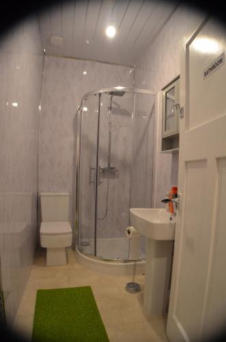 La salle de bains est pourvue d'une douche, de toilettes et d'un lavabo. dans l'établissement Gorton Mount Hotel Manchester, à Manchester