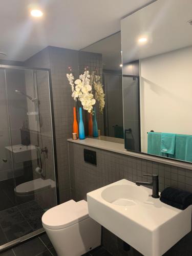 La salle de bains est pourvue d'un lavabo, de toilettes et d'un miroir. dans l'établissement Midnight Luxe 1 BR Executive Apartment L1 in the heart of Braddon Pool Sauna Secure Parking Wine WiFi, à Canberra