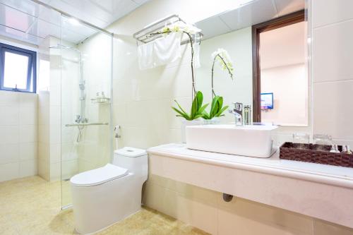 Un baño con lavabo, inodoro y ducha. en Victoria Hotel Ninh Binh, en Ninh Binh