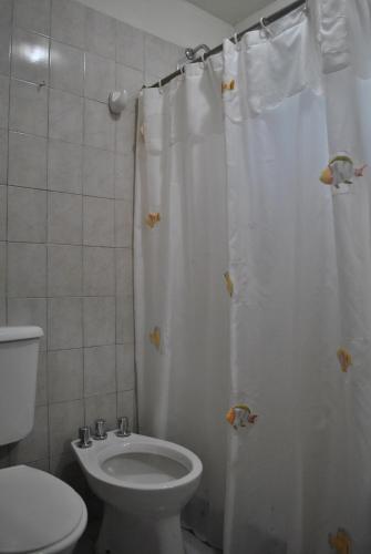 a bathroom with a toilet and a shower curtain at Ruca Kiñe Hostel in Las Grutas