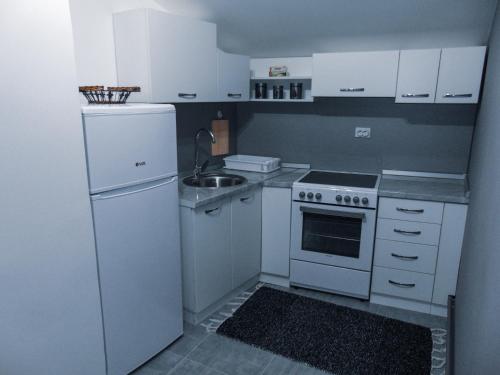 eine kleine Küche mit weißen Geräten und einem Waschbecken in der Unterkunft Stan na dan - apartman Djordjevic in Vranje