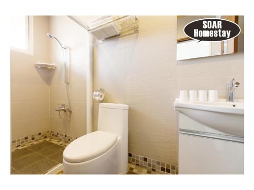 a small bathroom with a toilet and a sink at Soar B&B in Taitung City