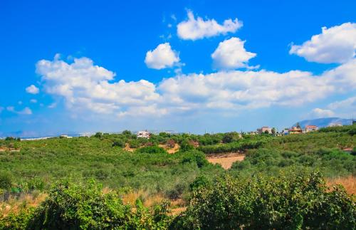 a hill with trees and a blue sky with clouds at Villa Panagiotis Chania in Daratso
