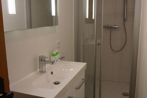 a bathroom with a sink and a shower at Ferienwohnung im Haus Maria in Sankt Koloman