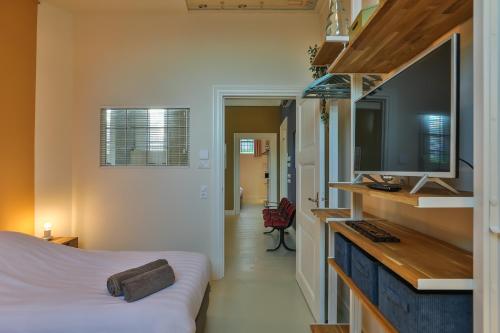 a bedroom with a bed and a flat screen tv at Church conversion for a unique stay and experience in Rinsumageest