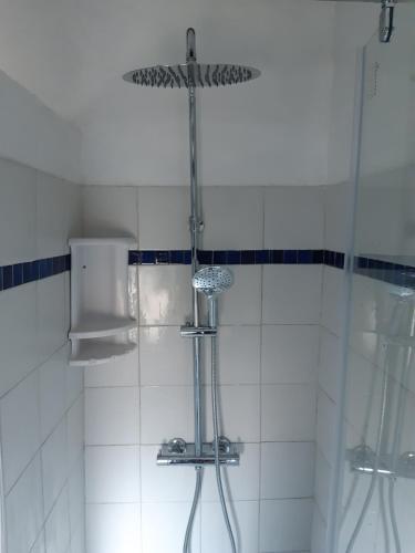 a shower in a white tiled bathroom at Garden Annexe in Villeneuve-Loubet