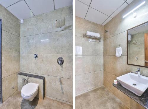 two pictures of a bathroom with a toilet and a sink at Hotel Sparsh Inn - Chandkheda in Ahmedabad