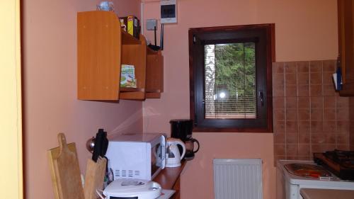 uma pequena cozinha com um micro-ondas e uma janela em osada yukon em Tři Studně