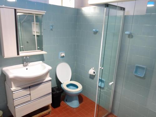 uma casa de banho com um WC, um lavatório e um chuveiro em Casa Siroba beira rio para 10 P em Morretes