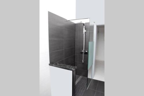 a shower with a glass door in a bathroom at Traumhafte Kurstadt Apartment Moderne 2ZKB Balkon PKW Stlp Self-Check-in in Bad Nauheim