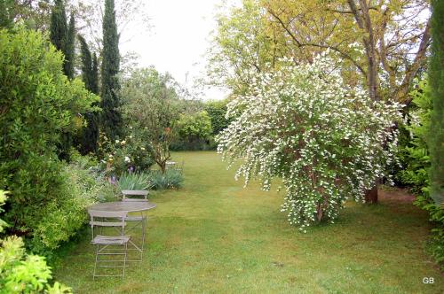 a table and chairs in a garden with a tree at Le GITE du MAS des CLOTS in Upie
