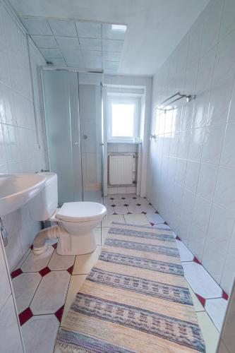 a bathroom with a toilet and a sink and a rug at Pokoje Mira in Torzym