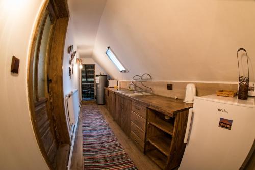 a kitchen with a sink and a refrigerator at Casa Strabunicului in Pîrteştii de Sus