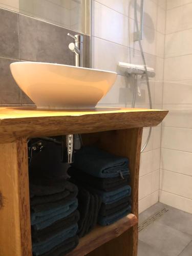 baño con lavabo y una pila de toallas en Amsterdam Twiskehouse, en Den Ilp