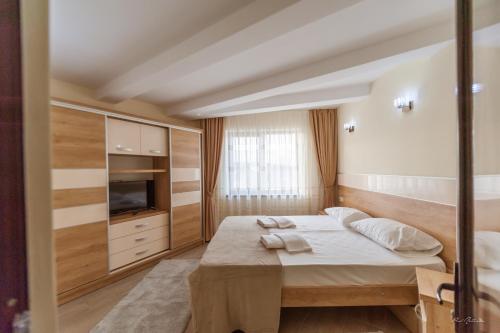 a bedroom with a large bed and a television at Dany Luxury Apartments in Piteşti