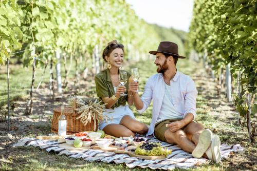 a man and woman sitting on a blanket with wine glasses at Creative Design House Golf & SPA in Pozzolengo