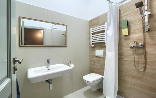 łazienka z umywalką, toaletą i lustrem w obiekcie Apartamenty Oliwka w Elblągu