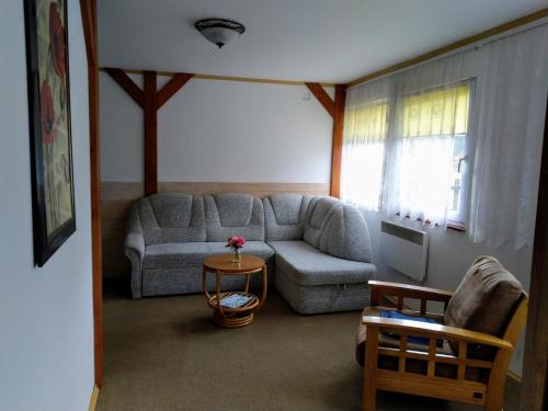 uma sala de estar com um sofá e uma mesa em Apartmány U Aničky em Lipova Lazne
