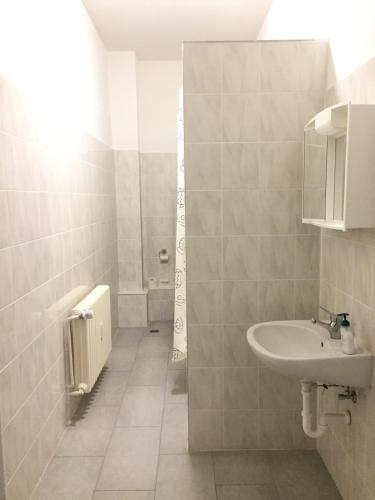 a small bathroom with a sink and a shower at Pension Dreilinden Hannover GmbH in Hannover