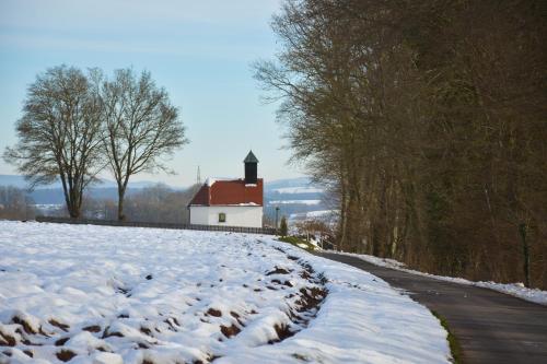 a snow covered road with a white house and a building at Landgasthof Falken in Niederaltingen