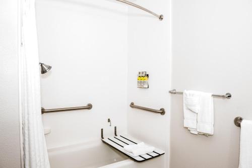 a bathroom with a tub and a sink and towels at Holiday Inn Express Hotel & Suites Tampa-USF-Busch Gardens by IHG in Tampa