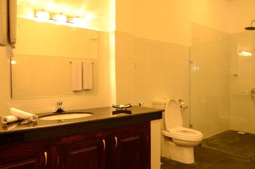 a bathroom with a toilet and a sink and a mirror at Marina Beach Passikudah in Pasikuda