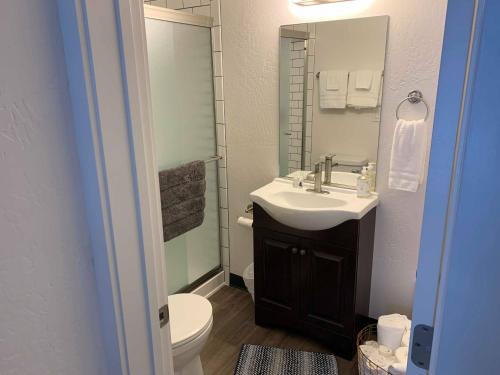 a bathroom with a sink and a toilet and a mirror at North Idaho Inn in Coeur d'Alene