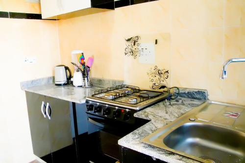 una cucina con piano cottura e lavandino di JAYBRITT LUXURY APARTMENT a Ibadan