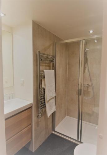 a bathroom with a shower and a sink at Houseboat Martinique in Maastricht