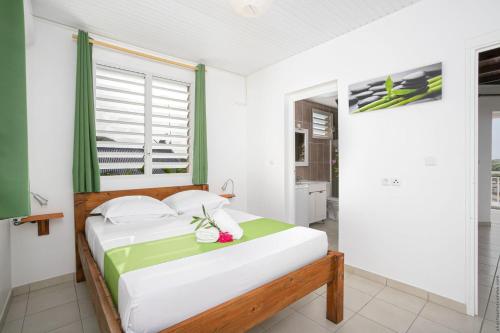 Schlafzimmer mit einem Bett und einem Fenster in der Unterkunft SCI DRELA in La Trinité