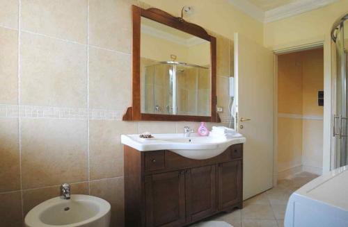 a bathroom with a sink and a mirror and a toilet at Panoramic Villa Italy in Ripe